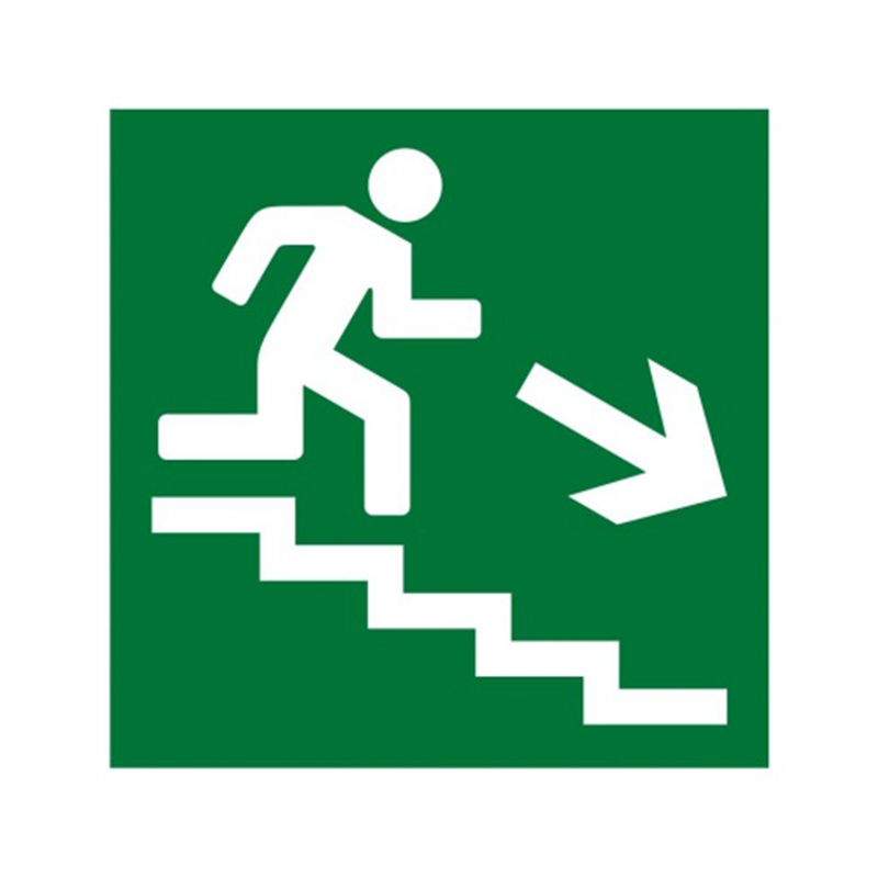Знак Е13. "Направление к эвакуационному выходу по лестнице вниз"